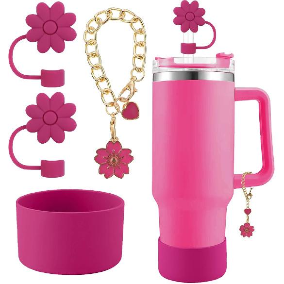 Accessories for Stanley Cup Set,2Pcs Flower Straw Cover Caps 10mm Reble Brown Straw Toppers,1Pcs Cute Handle Charm and 1Pcs Silicone Boot Sleeve for