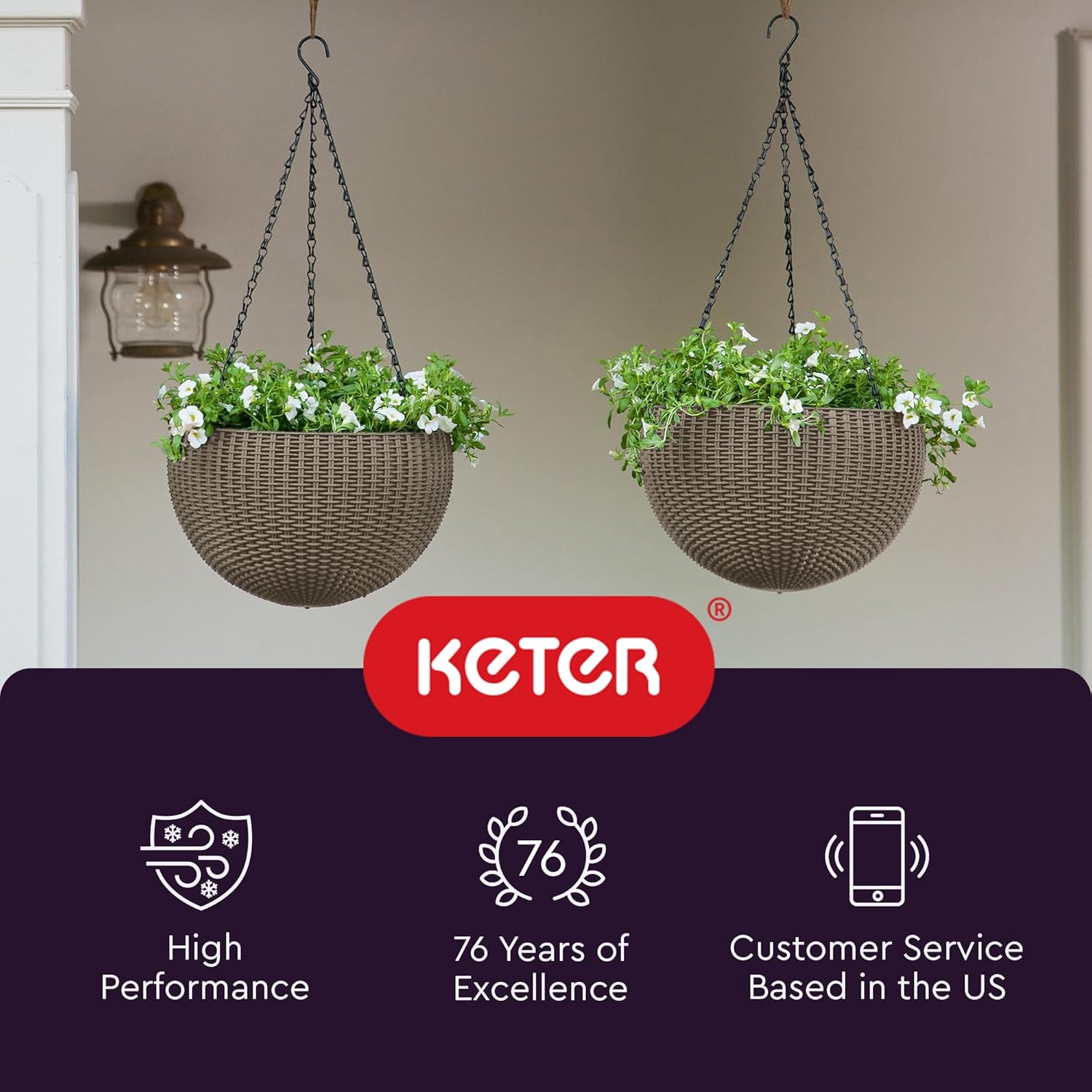 

Resin Rattan Set of 2 Round Hanging Planter Baskets for Indoor and Outdoor Plants-Perfect for Porches and Patio Decor, Cap United States