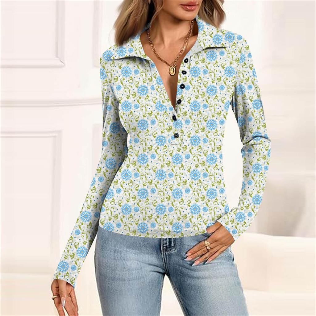 Women's Fashion Casual Printed V-Neck Long Sleeve Button-Down Top
