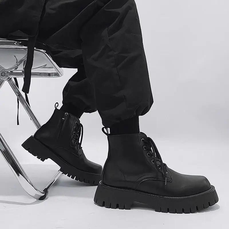 Male Casual Boots Thick Sole Lace Up Non Slip and Waterproof Men's Leather Shoes Platform Classic Original On Sale Cowhide Pu