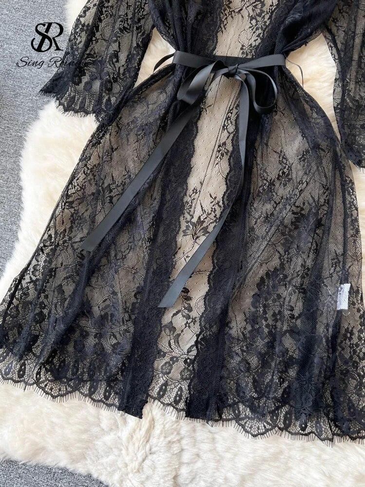 Mesh Sheer Sensual Cardigan Nightwear Women Solid V-Neck Lace Print Night Dresses Female Long Sleeve Lingerie Erotic Pajamas 2024