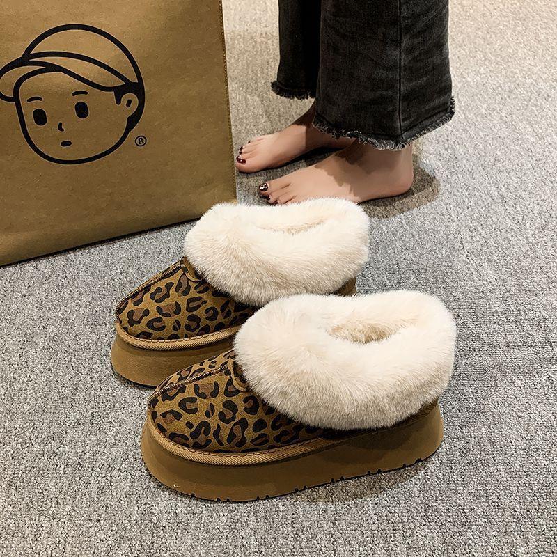 

Thick-soled snow boots women s new winter fluffy shoes flat-soled velvet warm one pedal cute wind 40