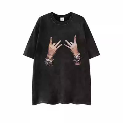 European  and  American  Street  Vintage  Dark Hiphop  Finger  Wash  To Do Old Short  Sleeve Hiphop Loose T-shirt