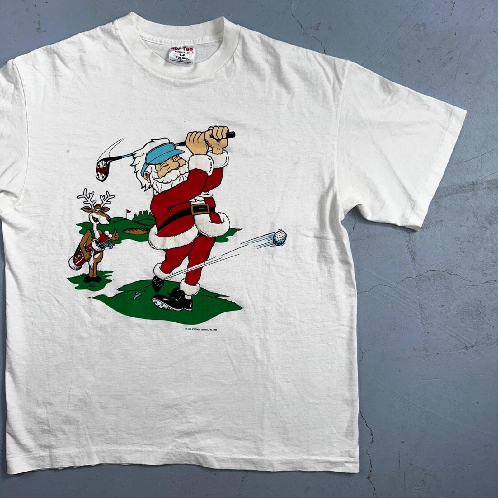 Christmas Santa Claus VTG T Shirt 90s Single Stitch Reindeer Funny Golf Dad XL L