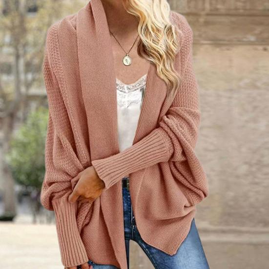 Women Cardigan Coat Collarless Batwing Long Sleeve Open Front Knitting Coat Elastic Cuffs Solid Color Loose Fit Knitted Cardigan