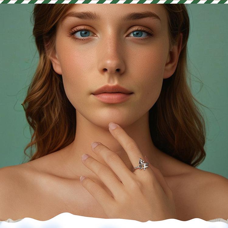 Everlove Adjustable Christmas Tree Open Ring - S925 Sterling Silver Holiday Jewelry for Women