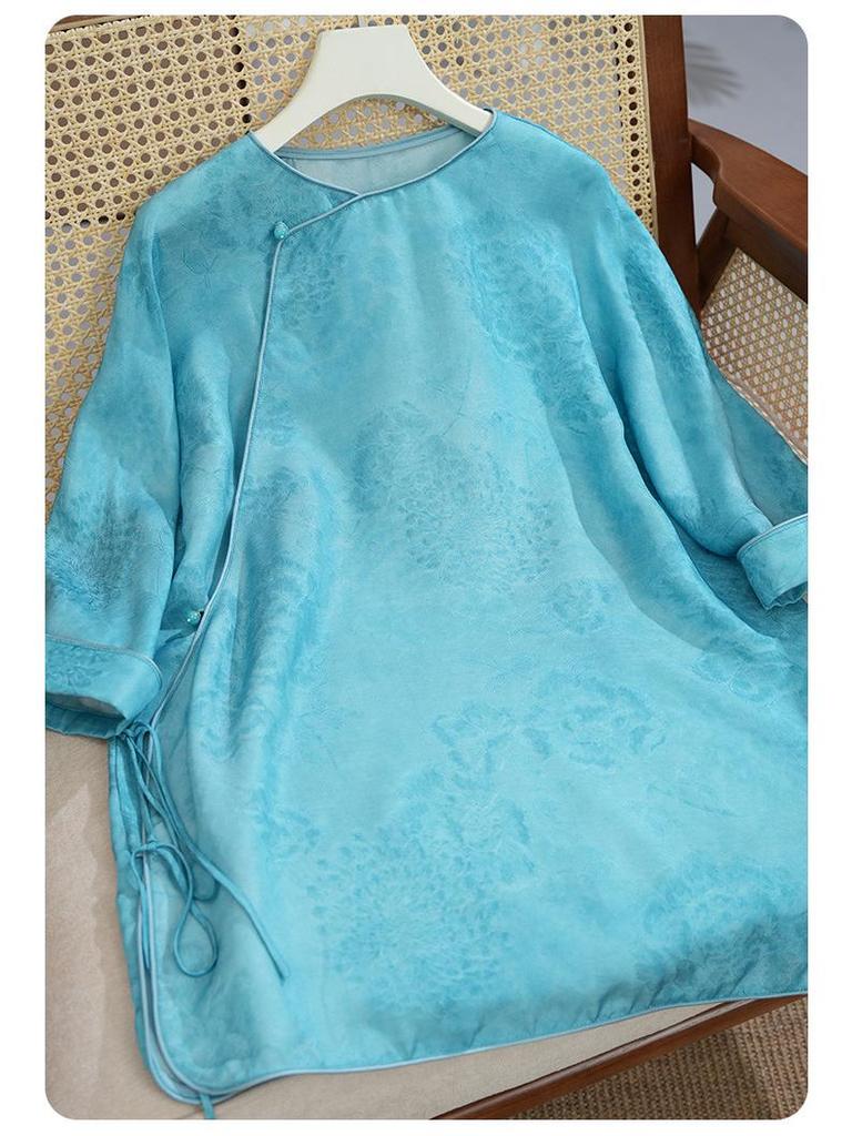 Women's High-End Chinese Style 100% Pure Mulberry Silk Ribbed Jacquard Top & Pants Set