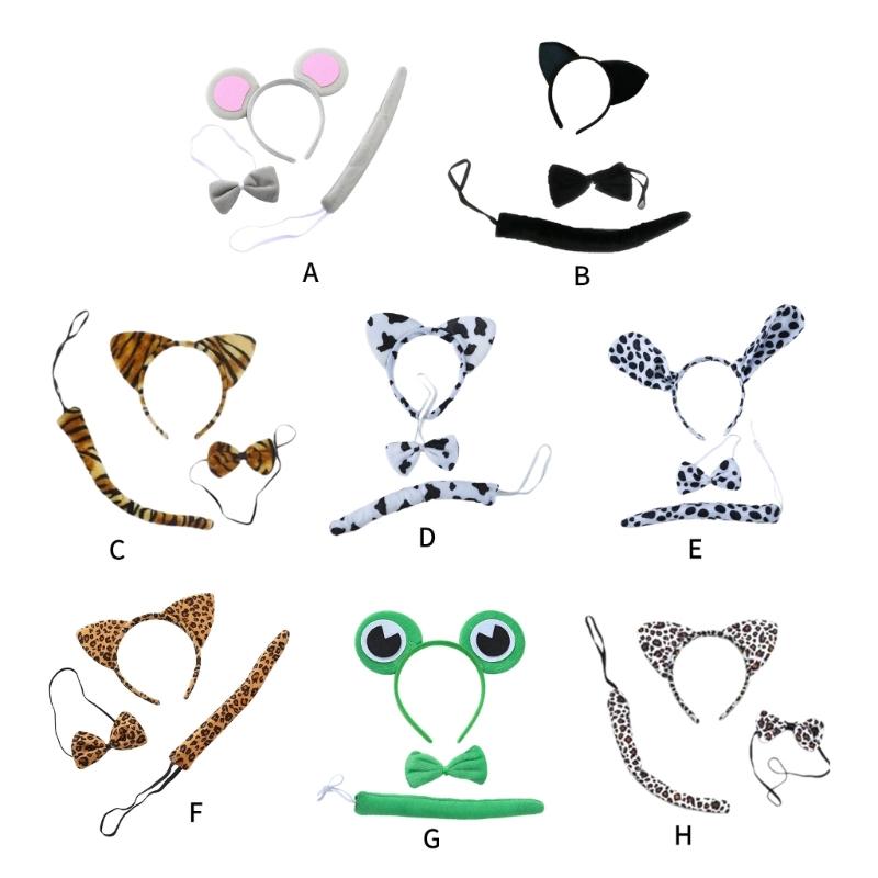 Cat/Mouse/Dog/Cow/Leopard/Frog/Tigeres Costume Set Ears Headband Tail Bow Kid Halloween Christmas Animal Cosplay Props