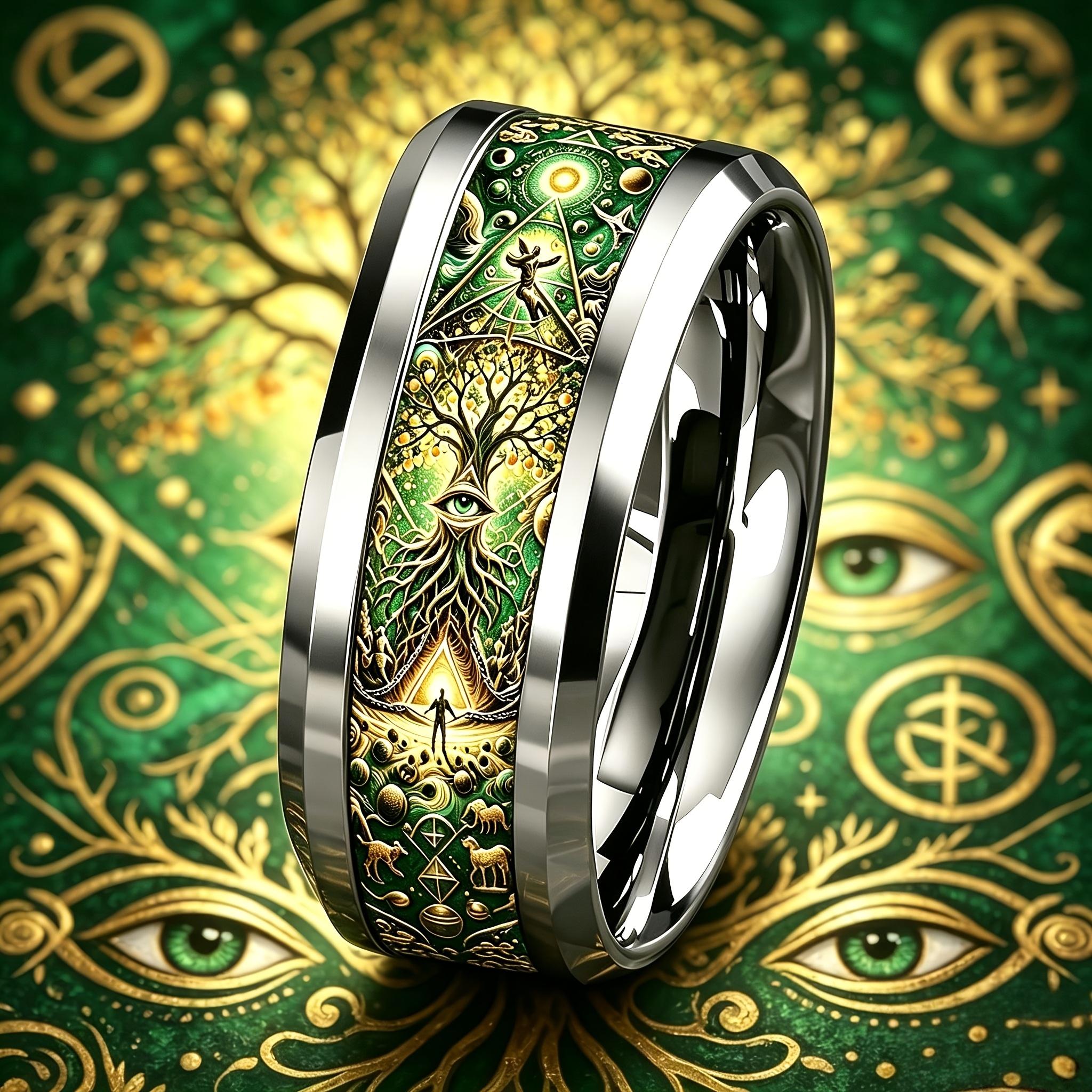 Vintage Mystischer Baum des Lebens & Esoterische Symbole Ring Mode Edelstahlringe für Männer Frauen Hochzeitsfeier Schmuck Geschenke 13 white