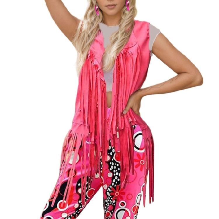 

Bold Color Hippie Costume 5 Piece Set Fashion Hair Decoration Fringe Vest Pants Bandana For 1970s Themed Celebrations XL розы красного