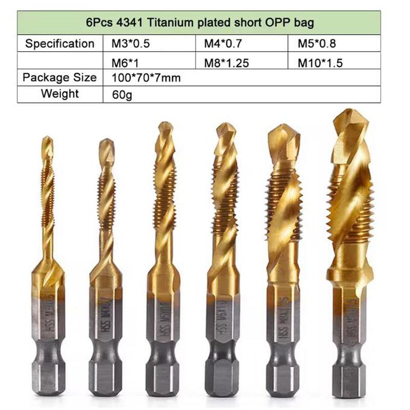 6pcs M3-M10 Screw Tap Drill Bits Hss Taps Countersink Deburr Set Metric Combination Bit High Speed Steel 1/4 IN Quick Change Hex