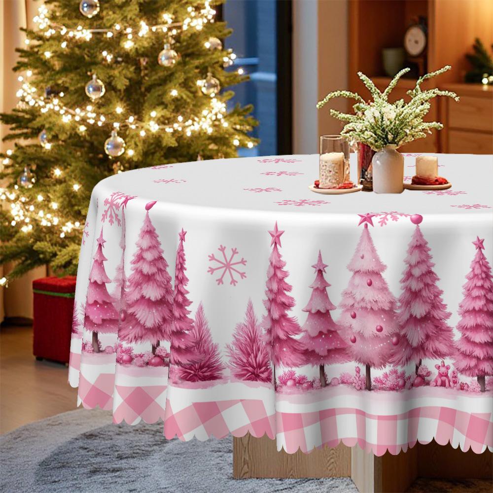 Christmas Pink Christmas Tree Printed Tablecloth, Snowflake Element Round Table Cloth, Festive Atmosphere Coffee Table Cloth