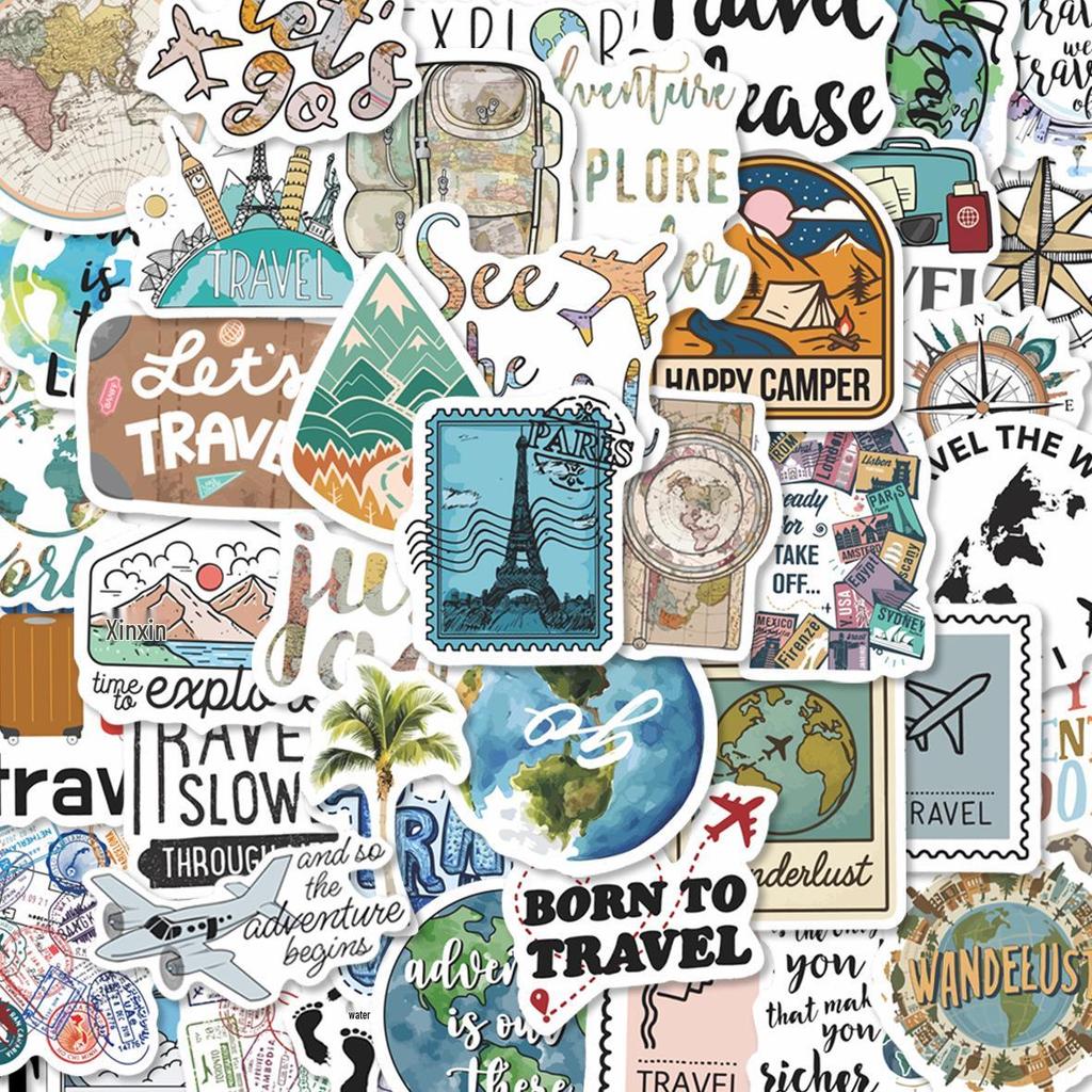 50 World Travel Cartoon Stickers: Waterproof Decorations for Phone, Water Bottle, Luggage, Planner