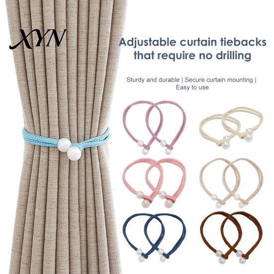 Easy Operate Curtain Fasteners 1 Pair Tiebacks for Drapes, Adjustable Rope Tie Backs, Faux Pearls Cord Buckle Holder Home Hotel Office Window Drapery