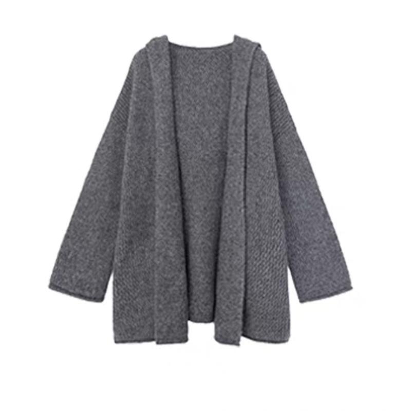 Korean Hooded Medium and Long Sweater Cardigan Women's Autumn and Winter Thickened Loose Outer Wear Lazy Style High-end Knitted Jacket