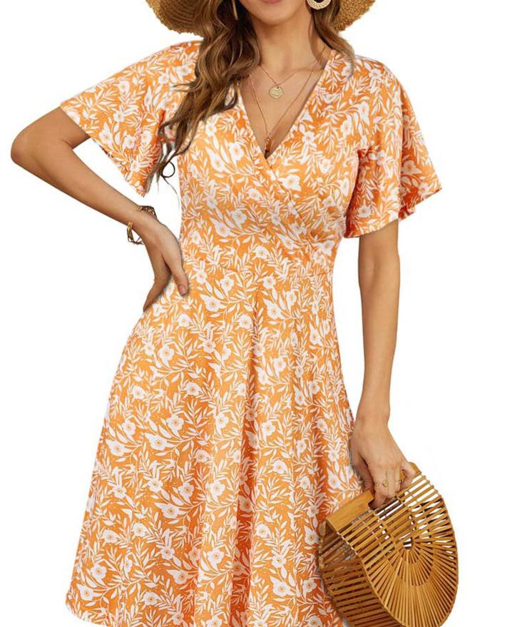 Summer Floral Short Sleeve Wrap V-Neck A Line Midi Dress