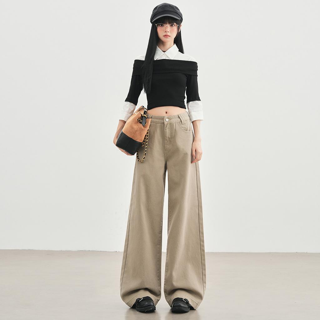 Romon Autumn/Winter Jeans Women's American Khaki High Waist Straight Tube Versatile Loose Look Thin Wide Legs Floor length Pants