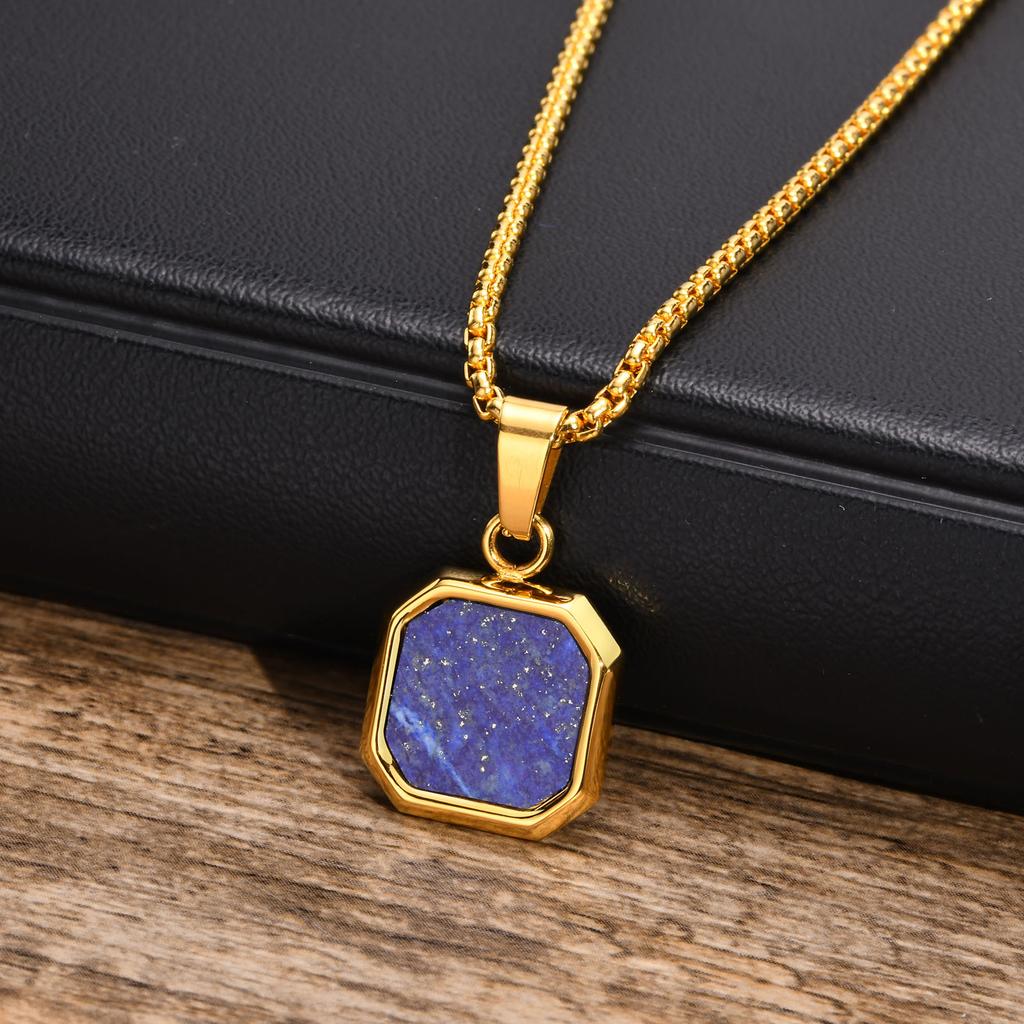 Stainless Steel Rectangle Natural Stone Pendant Necklaces, Minimalist Dainty Chain Necklace, Luxury Fashion Jewelry For Men Gift