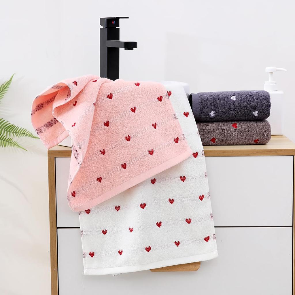 Cute Heart-patterned Face Towels, 100% Cotton, Towel Set, Gentle On Skin, Fast Absorbency, Fluffy, Soft, Fade-resistant, Minimal Lint (heart Pattern,