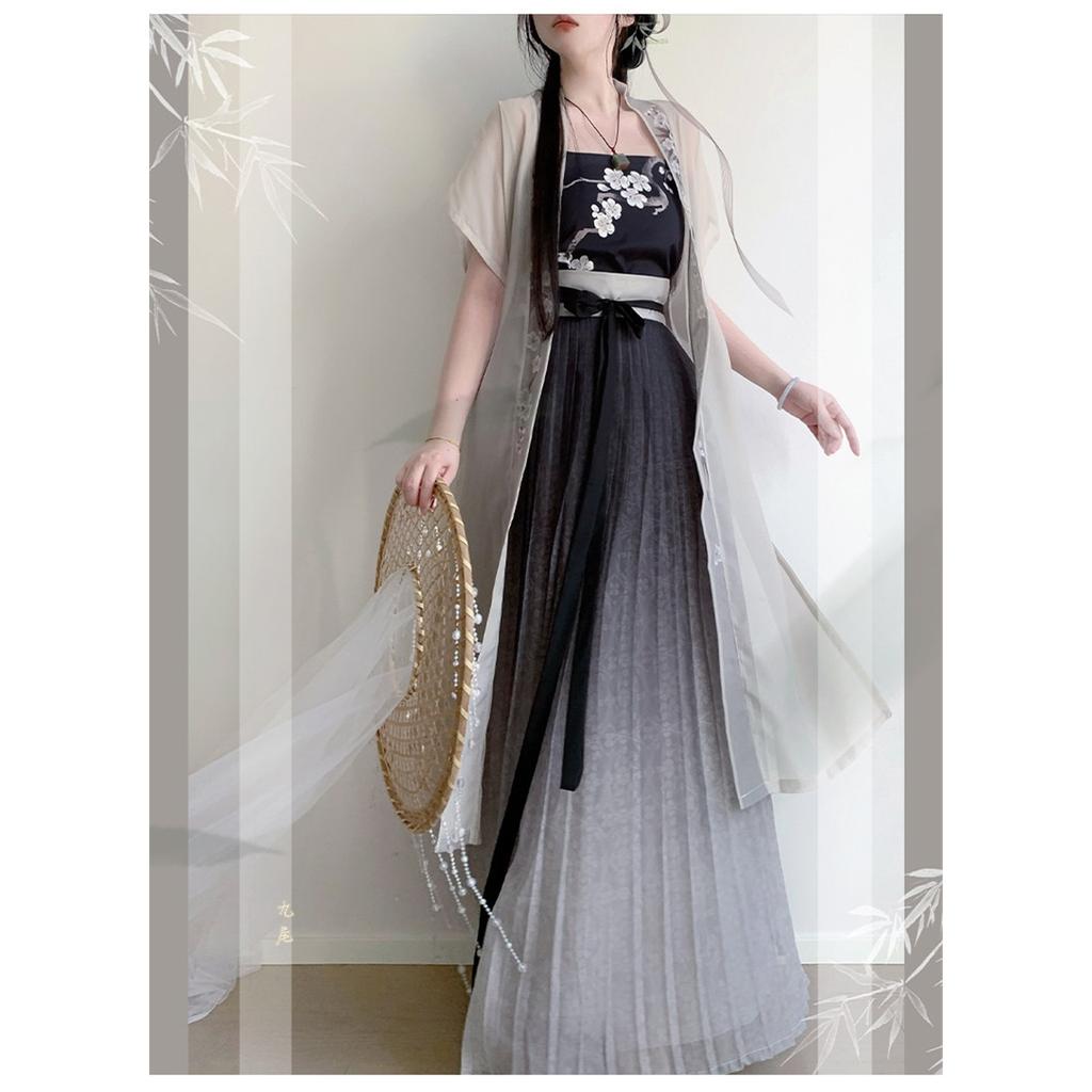 Chinese Song Dynasty Style Hanfu For Women Short-sleeved Waist-length Pleated Skirt Daily Commuting Suit