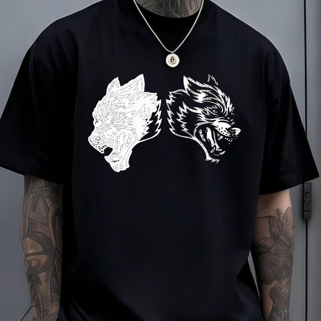 Two Headed Wolf Print Graphic Tee Men Casual Loose Short Sleeve Cotton Crew Neck Streetwear