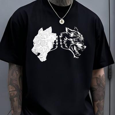 Two Headed Wolf Print Graphic Tee Men Casual Loose Short Sleeve Cotton Crew Neck Streetwear
