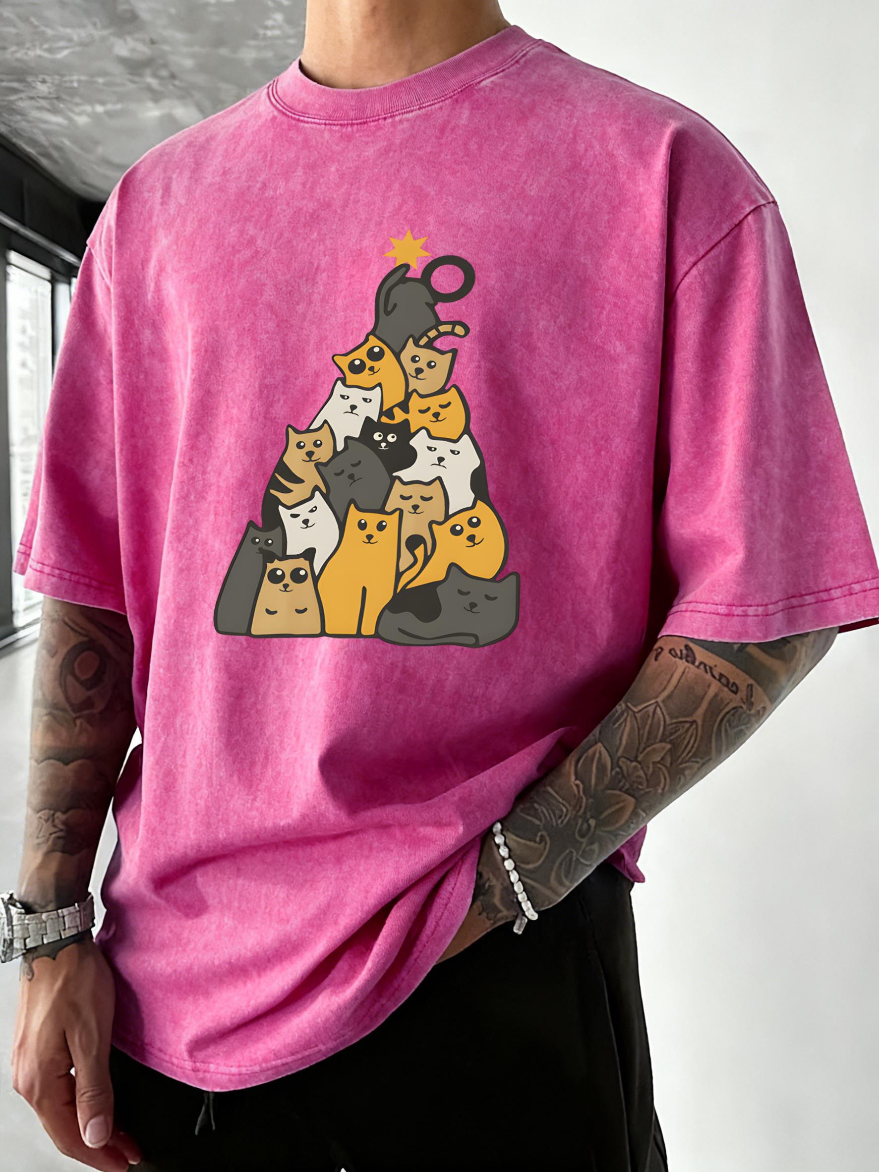 

Cute Star Cats Printing Men Washed T Shirt Vacation Cotton Short Sleeve Running Summer Clothes Casual Loose Man Sportswear S