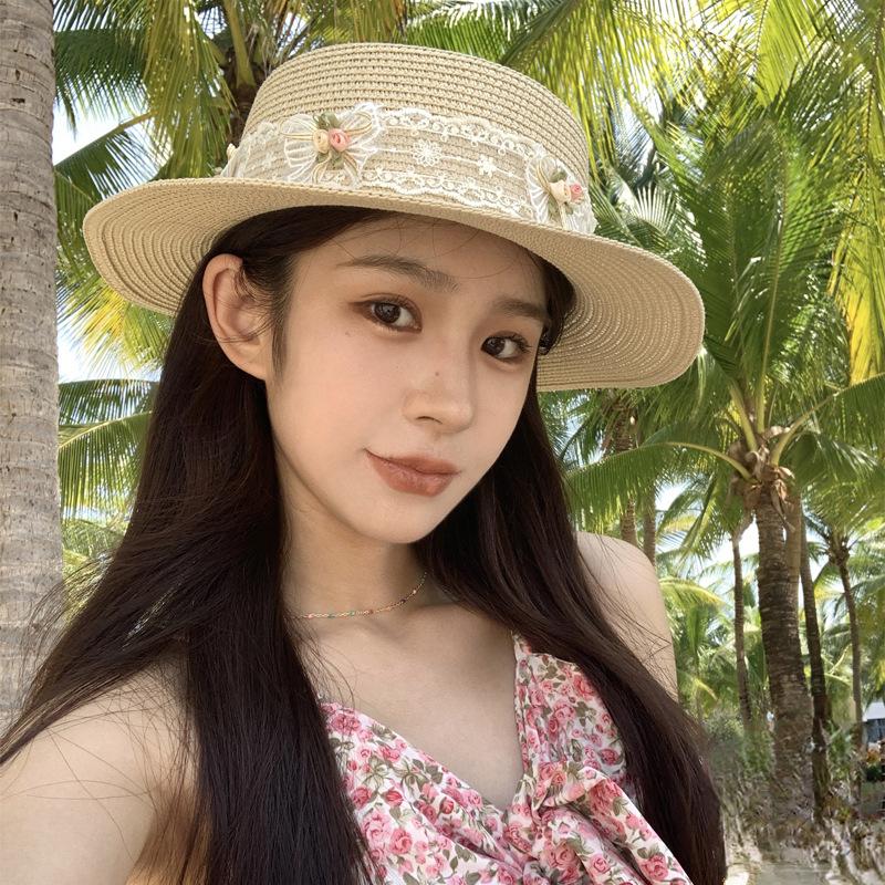 French Lace Bow Strap Straw Hat Women's Spring and Summer Vacation On The Beach and Travel On A Large Brim Sun Protection Flat Top Straw Hat