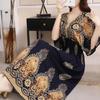 Casual Elegant Retro Bohemian National Style V-neck Elastic  Waist Large Swing Printed Summer Long Skirt Woman Dress Clothes