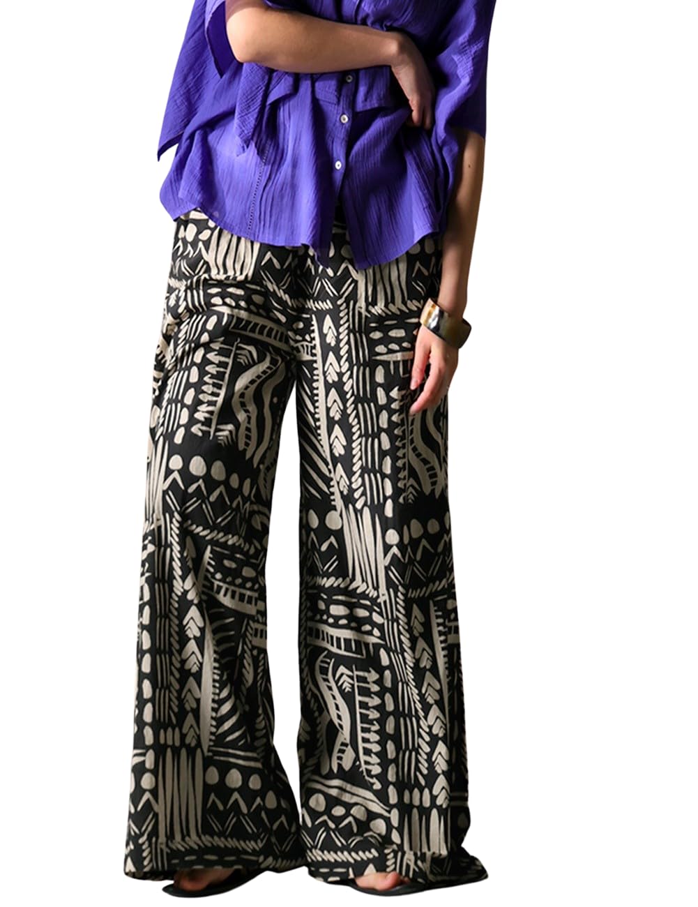 Antiqua Indian Cotton Regular Size Black Women s Wide-Patterned Pants, IYA-00009, (S-L Size), 05,