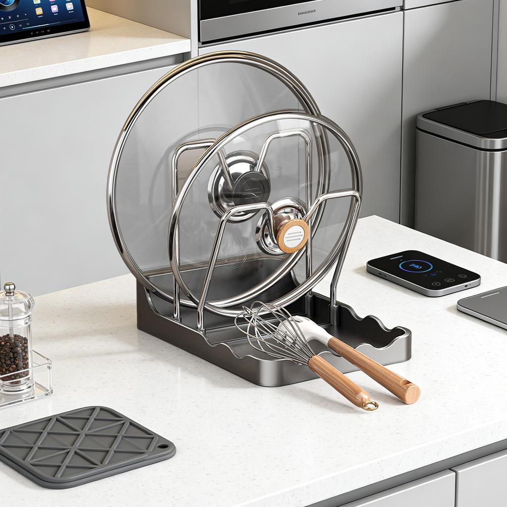 Kitchen Pot Lid Storage Rack Removable Drip Tray Stainless Steel Multifunctional Pot Lid Organizer for Kitchen Countertop
