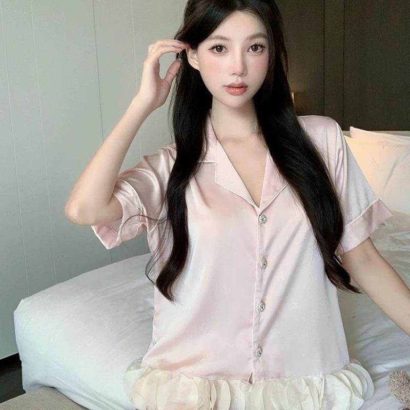 Ice silk pajamas women's summer new French ruffle edge high-end short-sleeved shorts thin light luxury loungewear set