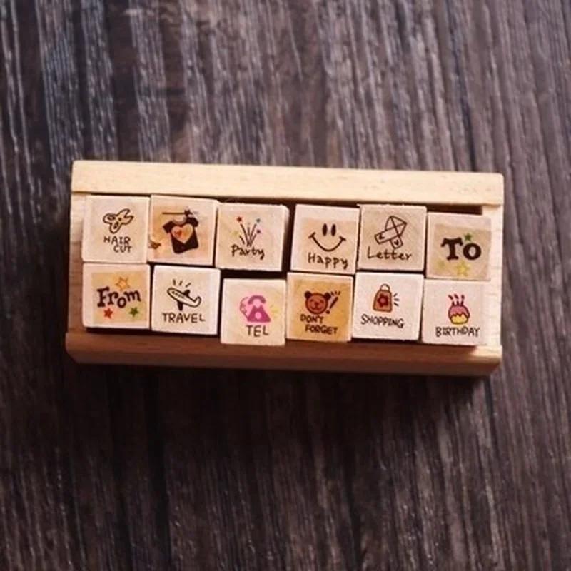 12pcs/Set Vintage Weather Diary Stamps DIY Wooden Assorted Stamps for Scrapbooking Stationery School Supplies