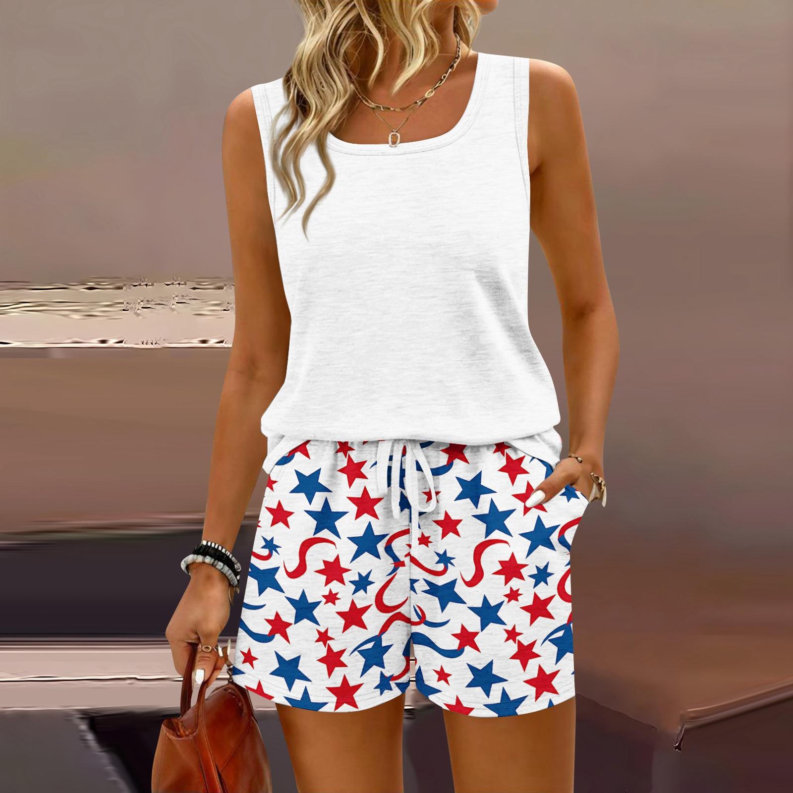 

Womens Summer Casual Two Piece Set Sleeveless Tank Top Square Neck Athletic Shorts with Pockets Lightweight Lounge Outfit L