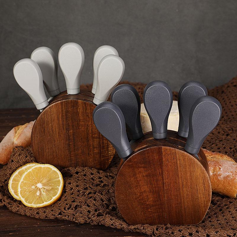 Käsemesser & Gabel Geschenkset mit Akazienholzsockel - 6-teiliges Buttermesser-Set
