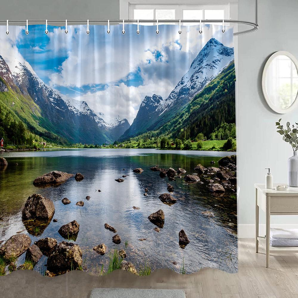 Natürliche Rustikale Landschaft Duschvorhänge See Berg Bäume Blumen Pflanze Badevorhang Für Badezimmer Dekoration Polyester Stoff Set