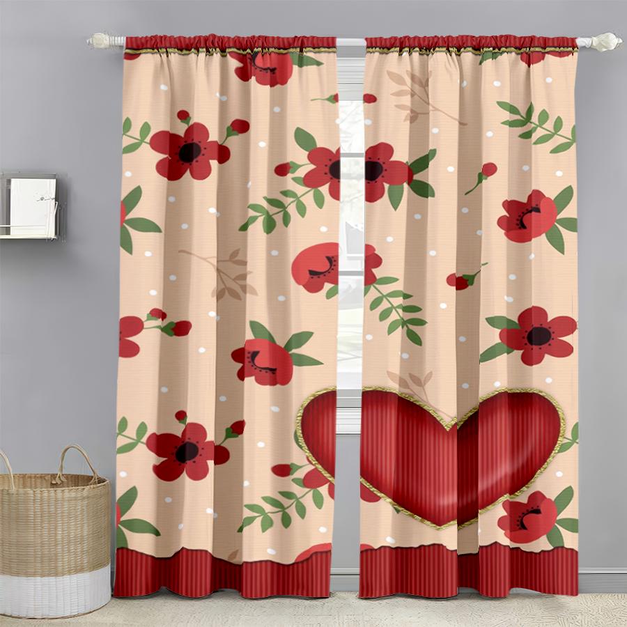 2PCS rice bottom red rose heart-shaped curtains   gentle style   bedroom and living room   decorative curtains with drawbar pockets