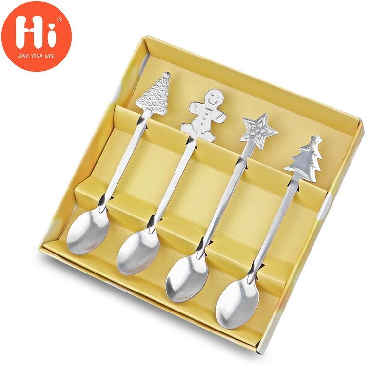 Hi 4 Pcs / Set of Stainless Steel Christmas Style Comfortable Kitchen Coffee Spoon
