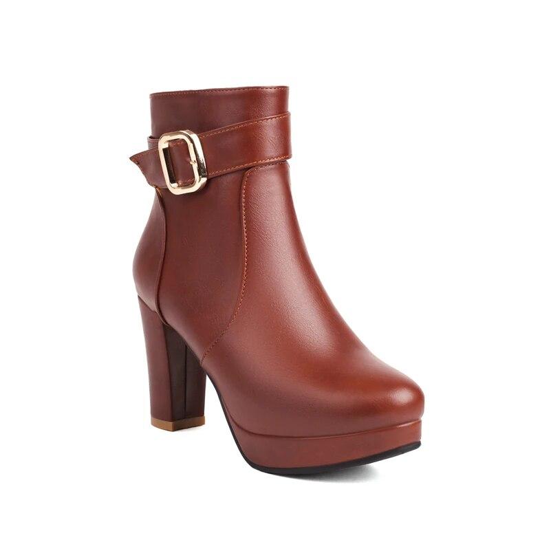 

ANNYMOLI/женские ботильоны с круглым носком на платформе, толстые высокие каблуки с пряжкой и молнией, короткие ботинки, женская модная зимняя обувь, коричневый, красный 46 33 коричневый
