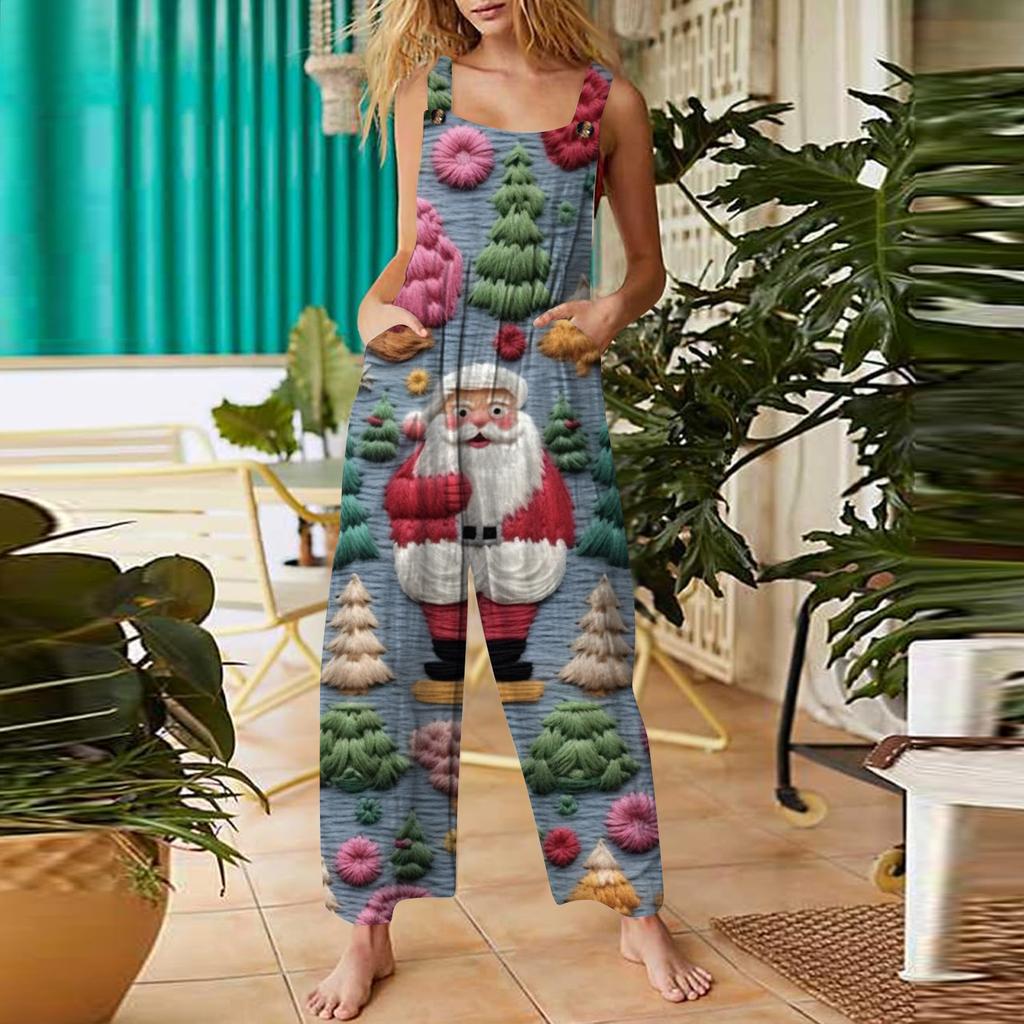 Women's Casual Jumpsuit Sleeveless Christmas Printed Cotton Jumpsuit