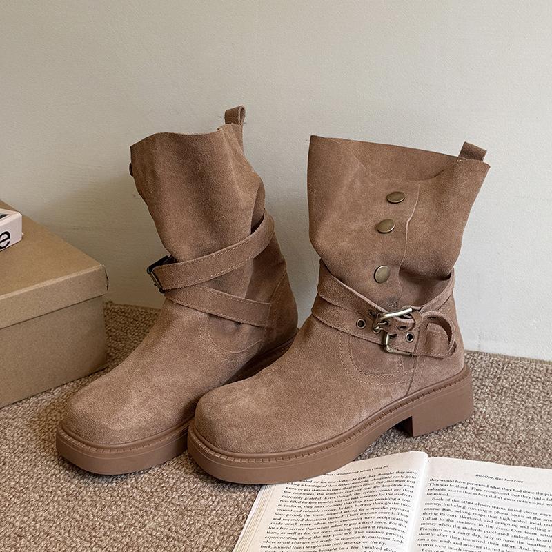 Vintage Versatile Maillard Boots 2025 Autumn and Winter Thick-soled Two Wear Belt Medium Boots Premium Martin Boots Short Boots