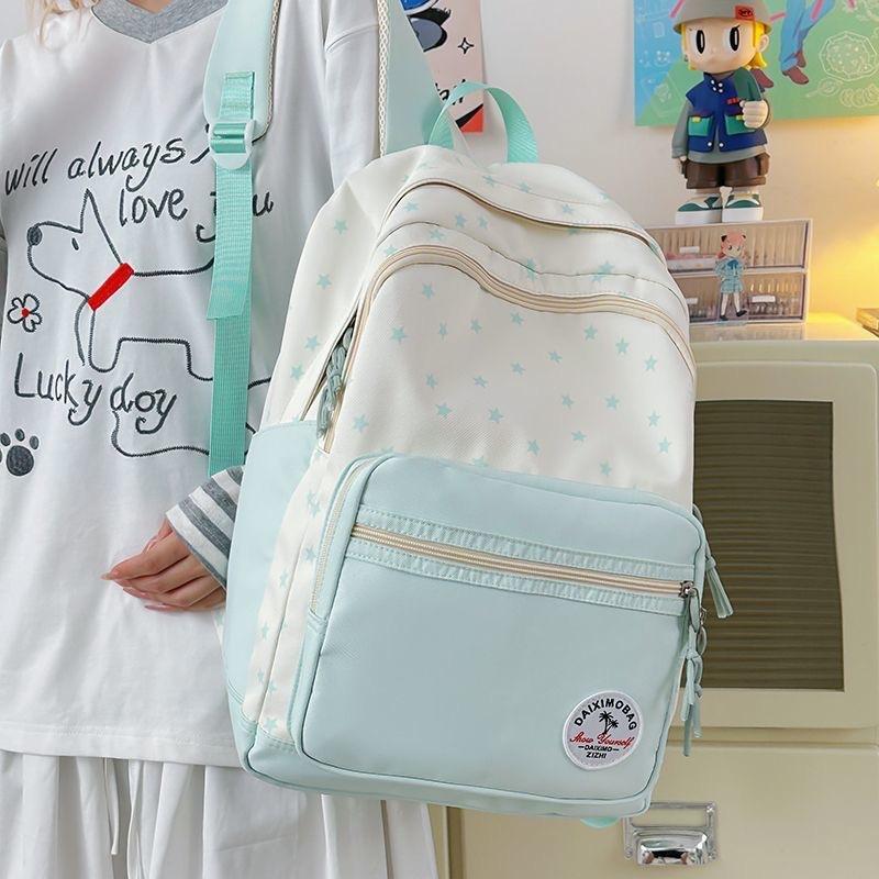 Schoolbag Korean Version Solid Color Cartoon Star Backpack Bag Women's Fashion Casual Versatile College Style Student Schoolbag Cute Backpack