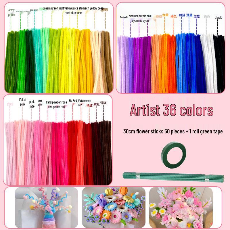 Thickened White Chenille Pipe Cleaners - Mixed Colors for DIY Bouquet Crafts