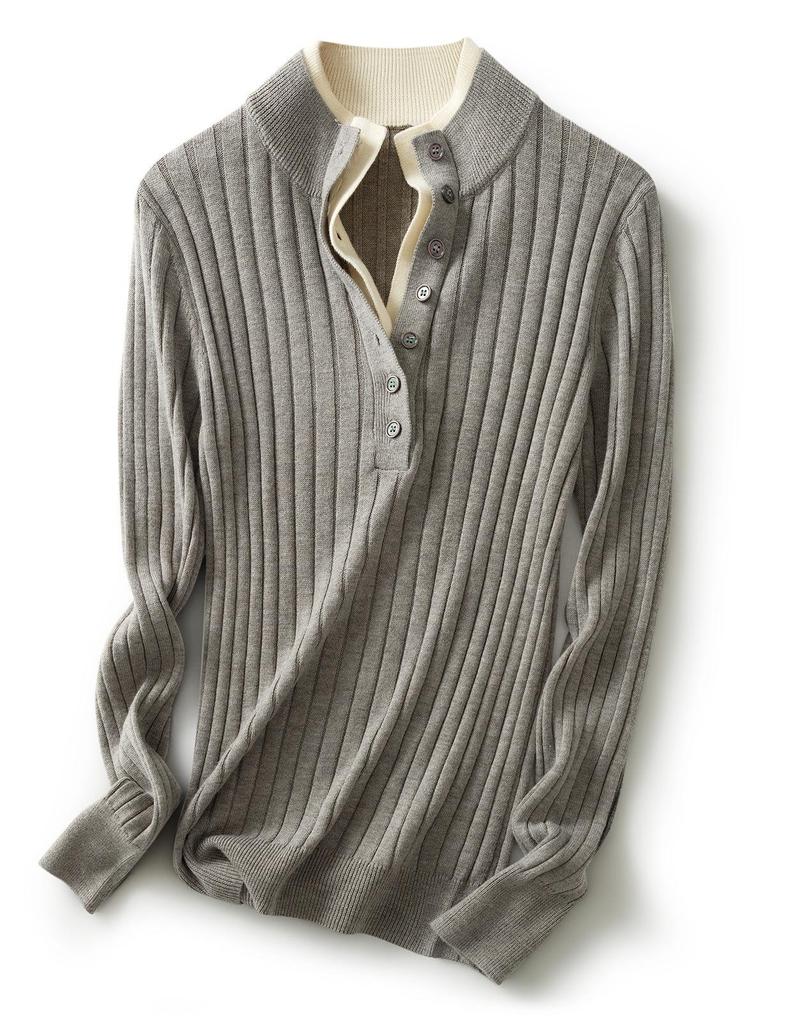 Women's Ribbed Knit Double-Layer Pullover Sweater with Stand Collar - Long Sleeve, Color Block Design for Autumn/Winter