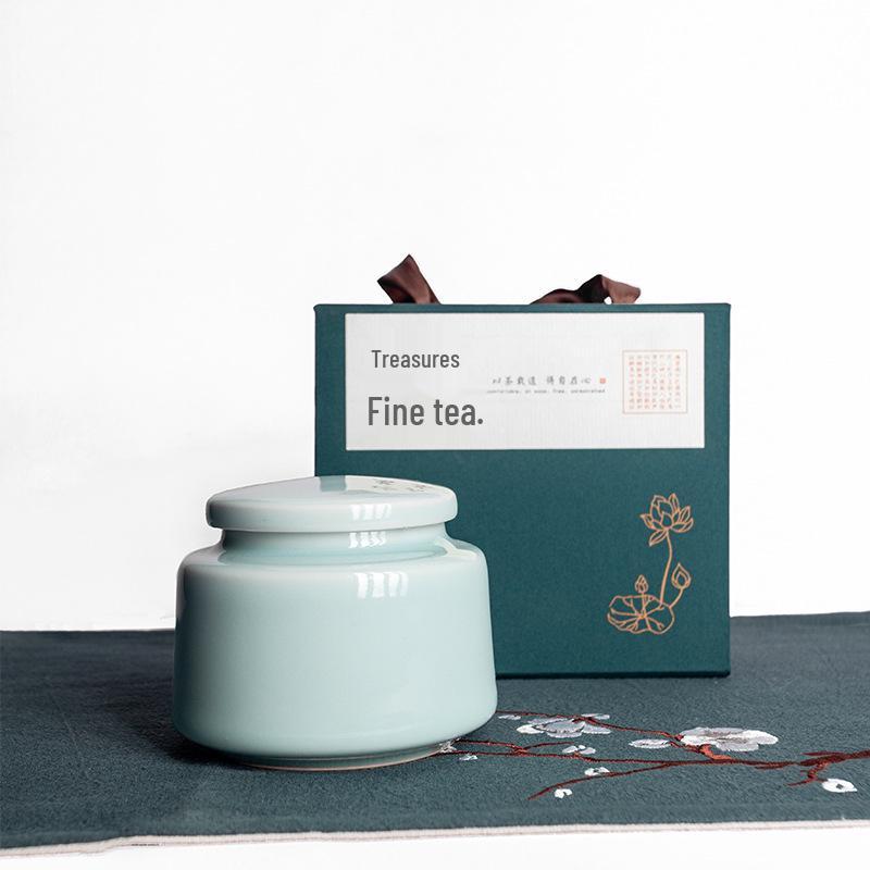 

High-Grade Ceramic Tea Can Gift Box - Sealed Empty Celadon Black & Green Tea Storage.