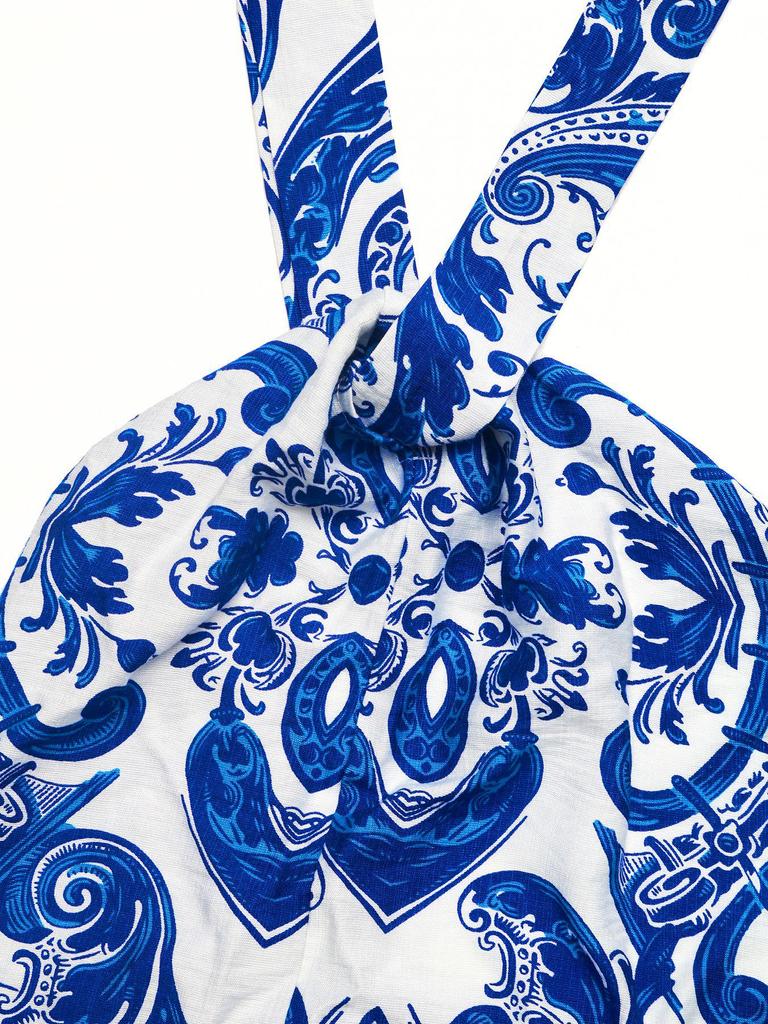 Summer Retro Style Blue & White Porcelain Print Halter Backless Split Dress