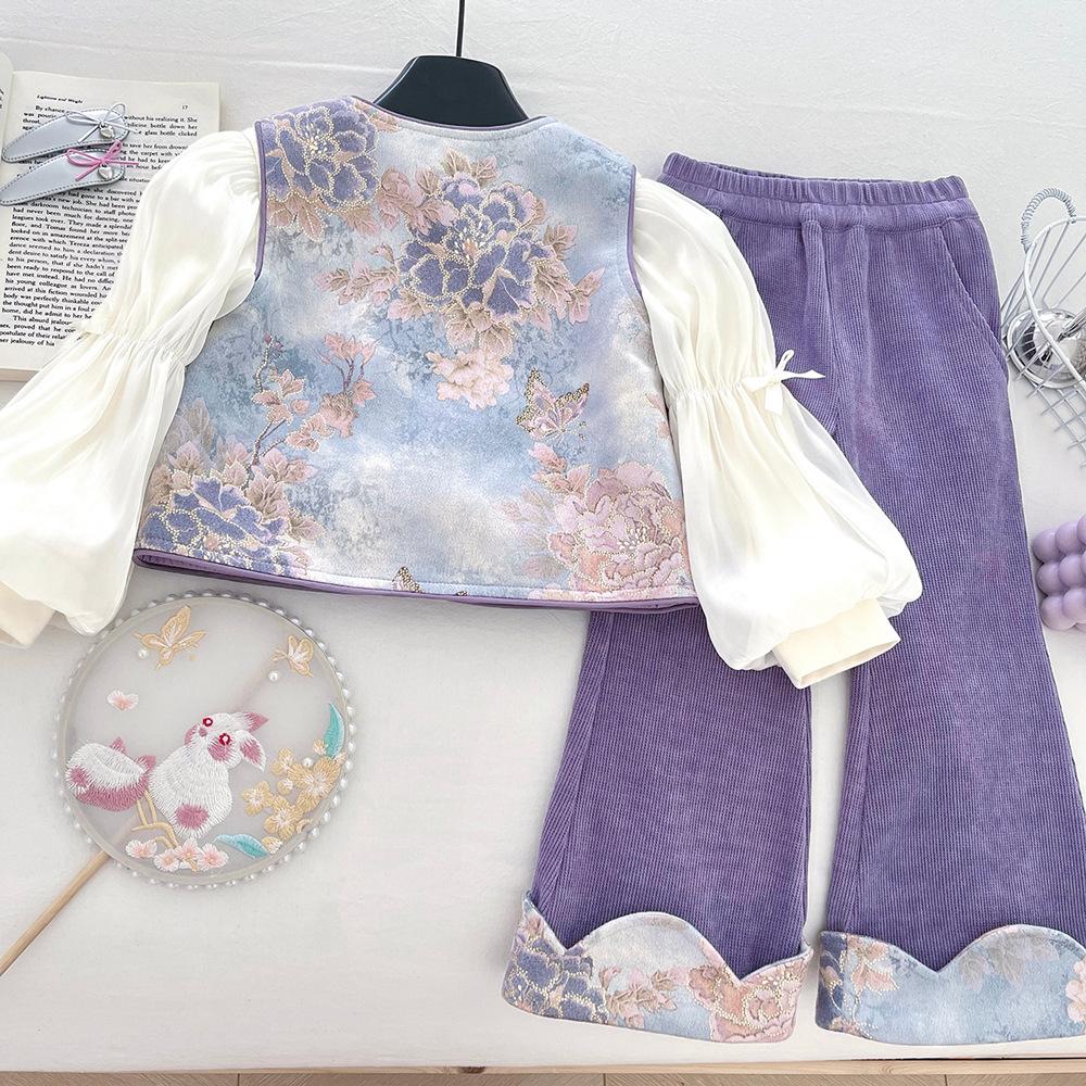 Girls' Autumn 2025 Chinese Style Three-Piece Set: Vest, Base Shirt, and Micro Flared Pants