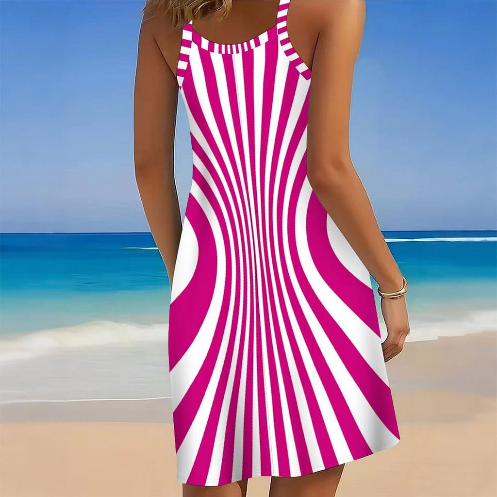 Women Plus Size Sleeveless Round Neck Dress Black Base Light Pink Palm Leaf Print Irregular Hem Loose Beach Dress