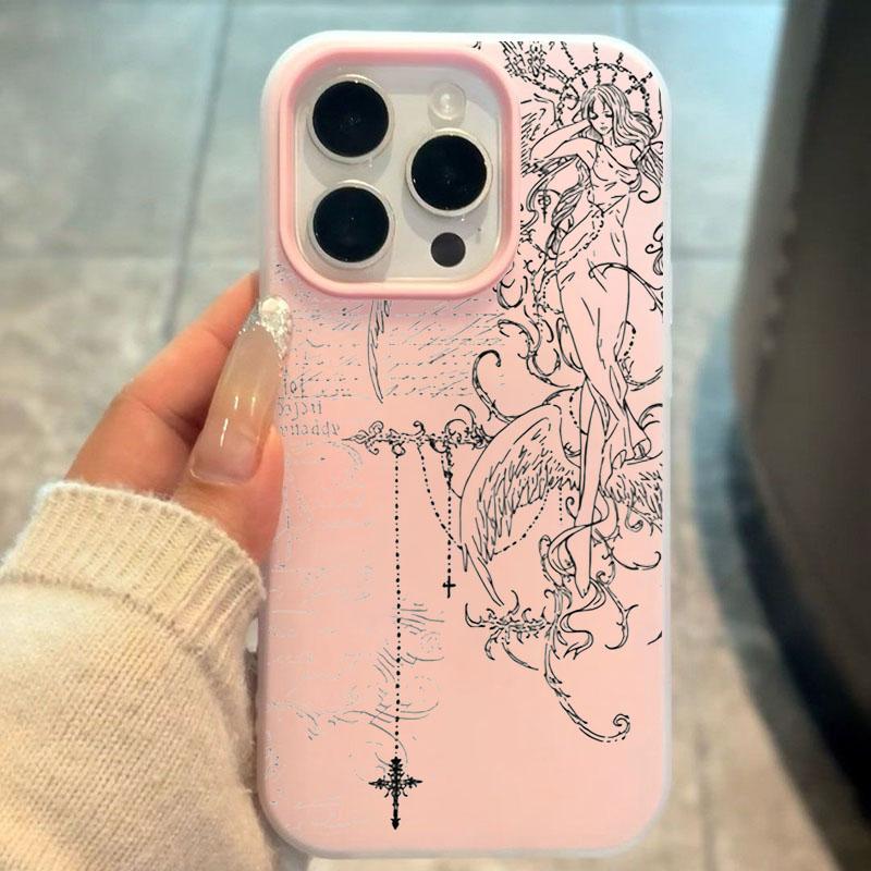Gothic Style Angel Cross Line Drawing Phone Case For Xiaomi Mi Poco X7 X6 X5 M6 Pro 4G 5G Mi 15T Pro Candy Color 2in1 Soft Cover