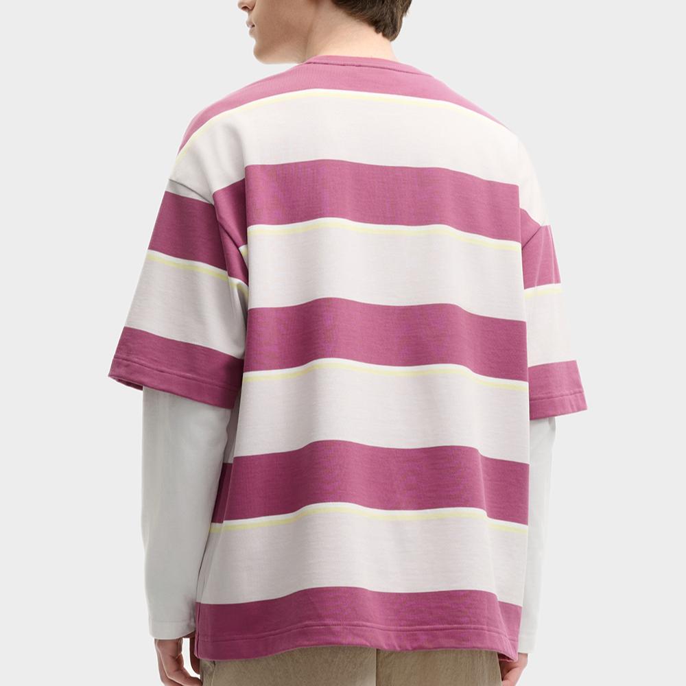 Fila Lifestyle Original Fashion Comfortable Loose Striped Color Block Design Short Sleeve T-Shirt Unisex Tops Brick-Red F51M529107F-WI